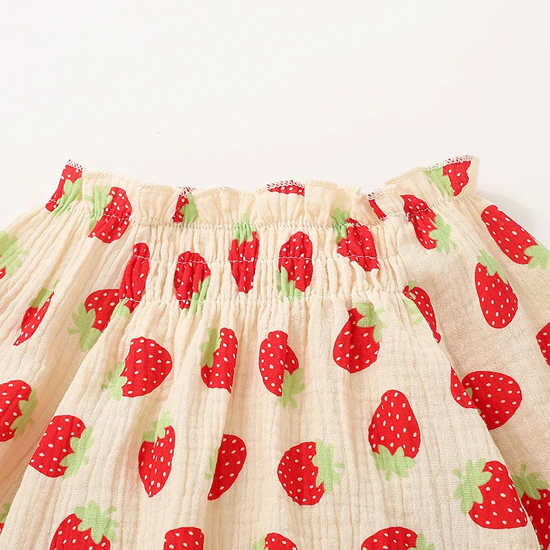 Cathery Cute Autumn Baby Girl Casual Romper Strawberry Print Ruffles Off Shoulder Long Sleeve Cotton Bodysuit Overalls Clothes