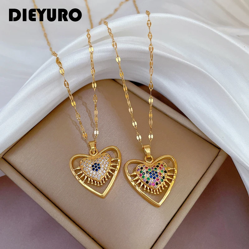 DIEYURO 316L Stainless Steel Eyelash Eye Heart Pendant Necklace For Women New Trend 2-Color Girls Jewelry Chain Birthday Gifts