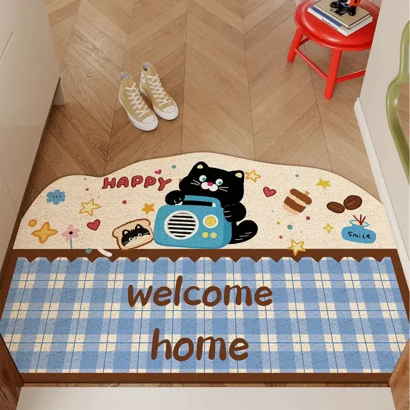 VIKAMA Irregular Welcome Doormat Cute Black Cat Radio Print Non Slip Entryway Floor Mat for Front Door Home Decor