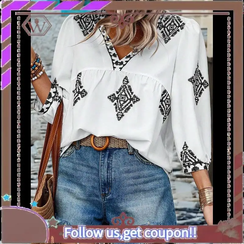 A95D-Mulheres casuais com decote em V estampa floral chiffon blusas manga 3/4 boho verão tops camisas