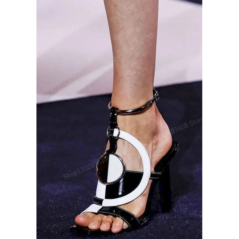 White Black Hollow T-Strap Sandals Square Toe Metal Round Ring Thin High Heel Women Shoes 2023 Fashion Sexy Zapatos Para Mujere