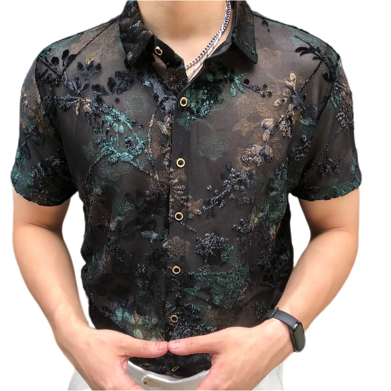 Goud fluwelen bloemenjacquard basisshirt met korte mouwen, sexy kanten shirt voor mannen, doorzichtig mesh shirt, club party prom chemise - afbeelding 2