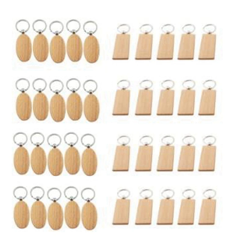 Hot TTKK 80 Pcs Blank Wooden Key Chain DIY Wood Keychains Key Tags Gifts,40 Pcs Oval & 40 Pcs Square