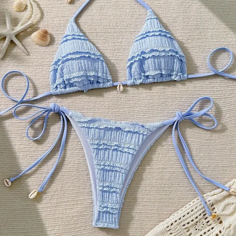 Sexy himmelblaue Muschel-Mikro-Bikini-Sets, zweiteilig, schlichte Neckholder-Badeanzüge, Strandmode, Badeanzug, Badebekleidung, Biquini, Tankini