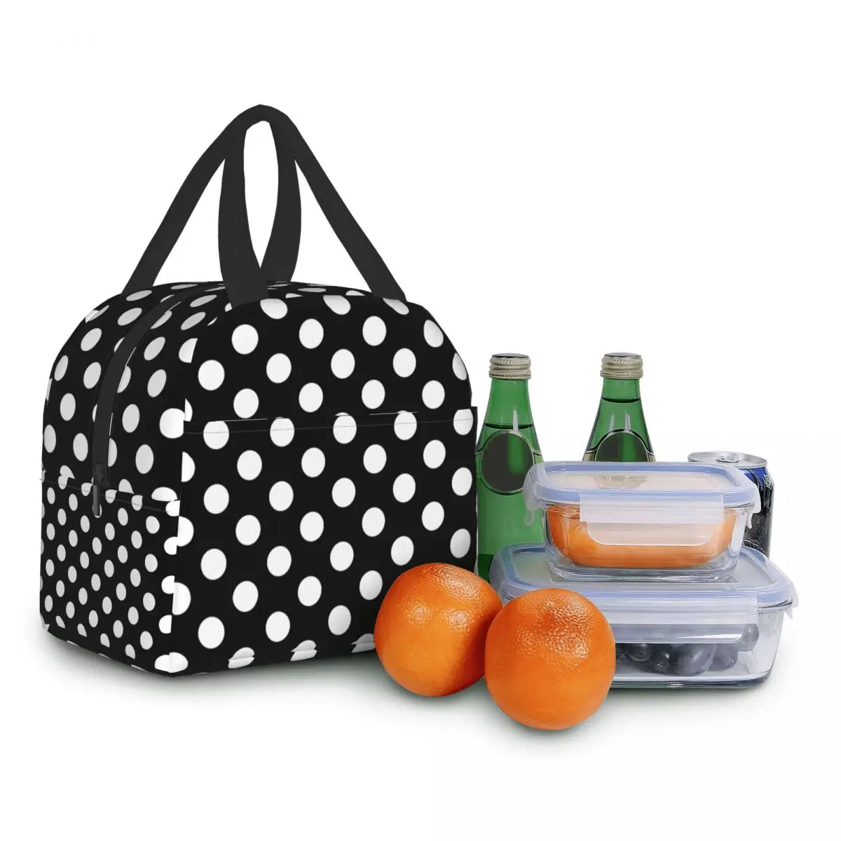 Black And White Polka Dots Lunch Bag for Women Portable Insulated Thermal Cooler Food Lunch Box Work School Travel Picnic Bags