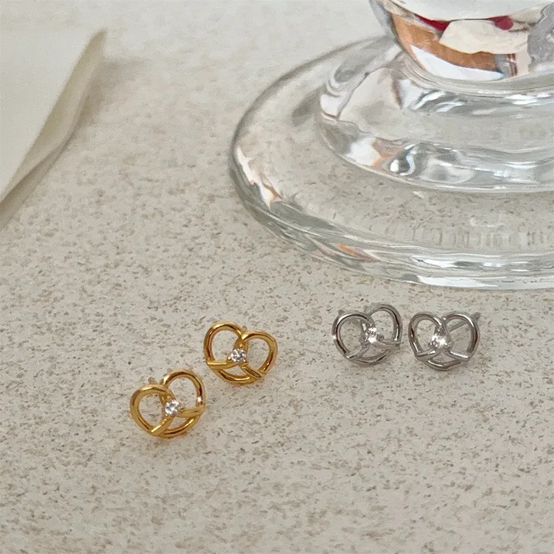 

New 925 Sterling Silver Stud Earrings Golden Pretzel Clear CZ Geometric Punk For Women Girl Gift Jewelry Dropshipping Wholesale
