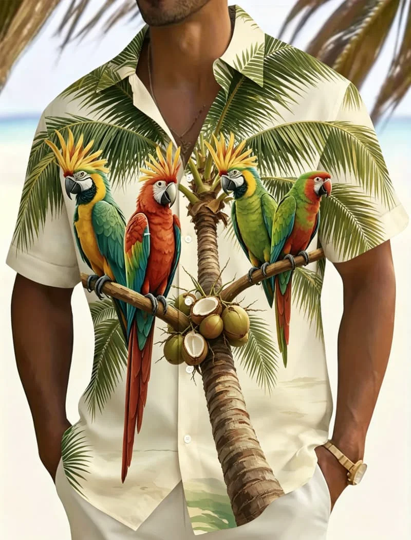 

Men's Vibrant Parrot & Fruit Print Shirt, Bold Tropical Design for Summer Fashion, Vacation Looks, Party Outfits & Street Style
