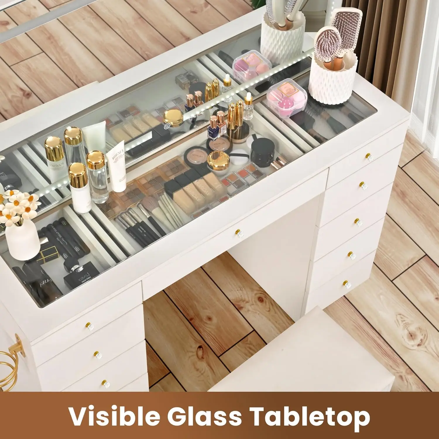 White Glass Top Vanity Desk with Crystal Handles, 11 Drawers, Mirror, Stool, 3 Lighting Modes, Power Outlet & Silent Slides view 3