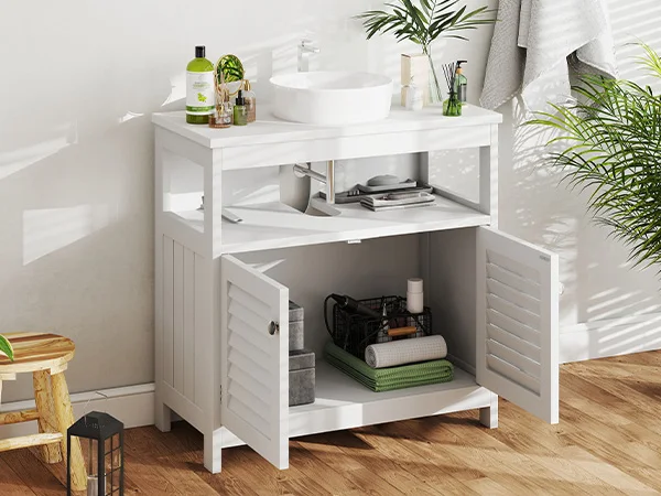 Home Wood Under Sink Storage Cabinet Open Shelf U Shape Cut Out Wall Mounted Drainage Bathroom Sink Plumbing Under Sink Vanity