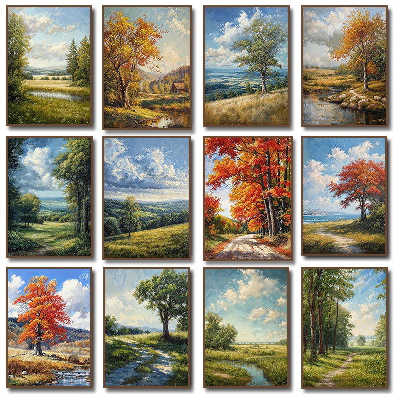 (No frame)Valley View Mountain Cabin Autumn Path Summer Meadow Tree Forest Cloud Poster Canvas Painting Print for Living Room