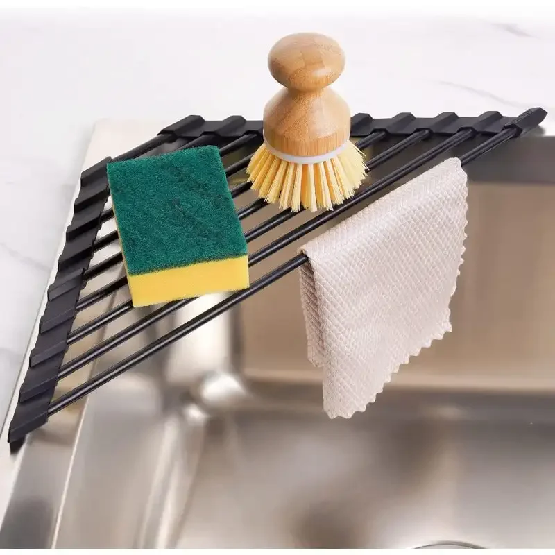 Small Triangle Roll-Up Dish Drying Rack with Silicone Coating Stainless Steel Frame