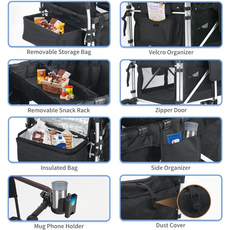 Wagon Cart Featuring 2 High Seat with 5-Point Harnesses and Adjustable Canopy, Foldable Push-Pull Rod Wagon Stroller