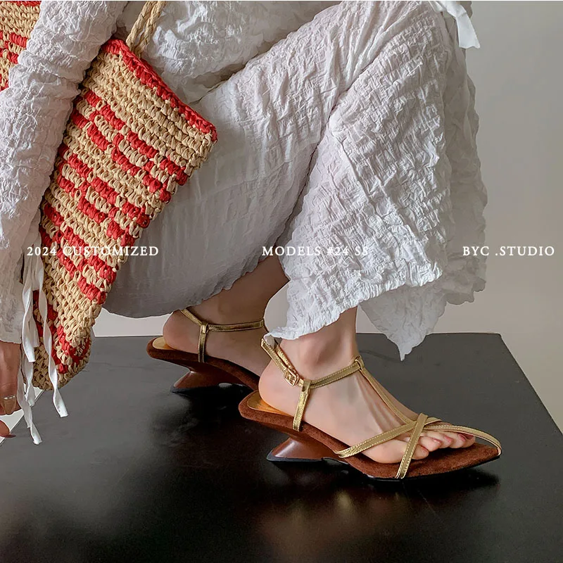 Summer Shoes Narrow Band Sexy Sandals Strange Heels Women Sandals Pointed Toe Ladies Concise Footwear Summer Gold Beige Shoes