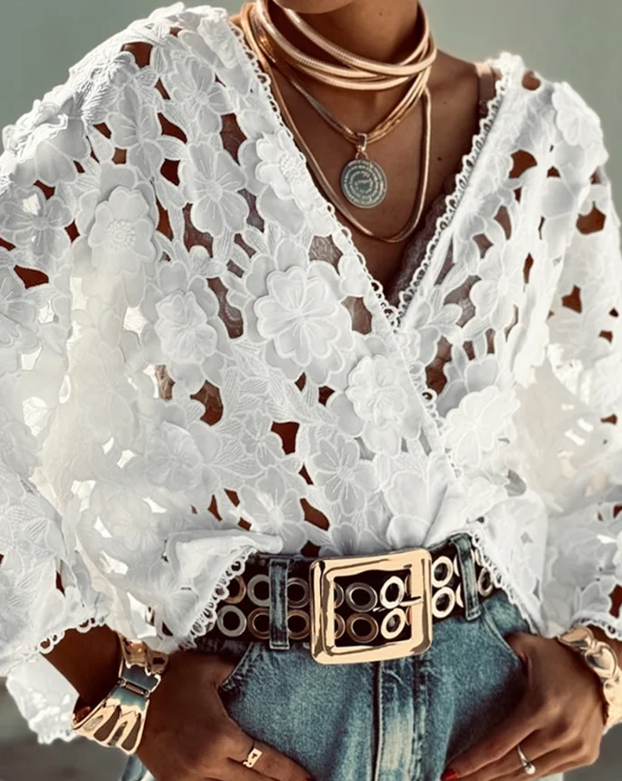 

Y2K Tops Lace Hollow Out 3D Flower Trimmed V-Neck Shirt Casual Loose Top for Women Summer Elegant Casual Solid Color Niche Top