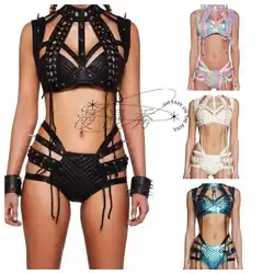 New Women Laser Multi-Color Bikini Music Festival Hot Girl Sexy Strap Awakening Dark Set Gothic Style Vest Bra Hollow Top Shorts