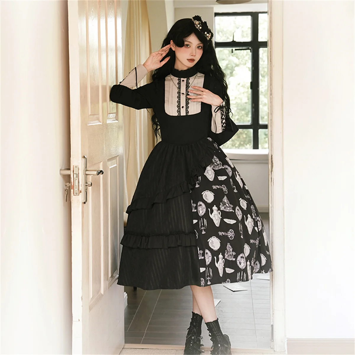 French Vintage Withpuji Lolita Sk Suit Gothic Girl Cosplay Ruffle Printing Candlesticks Teapot  Backless Ribbon Bowknot Dress