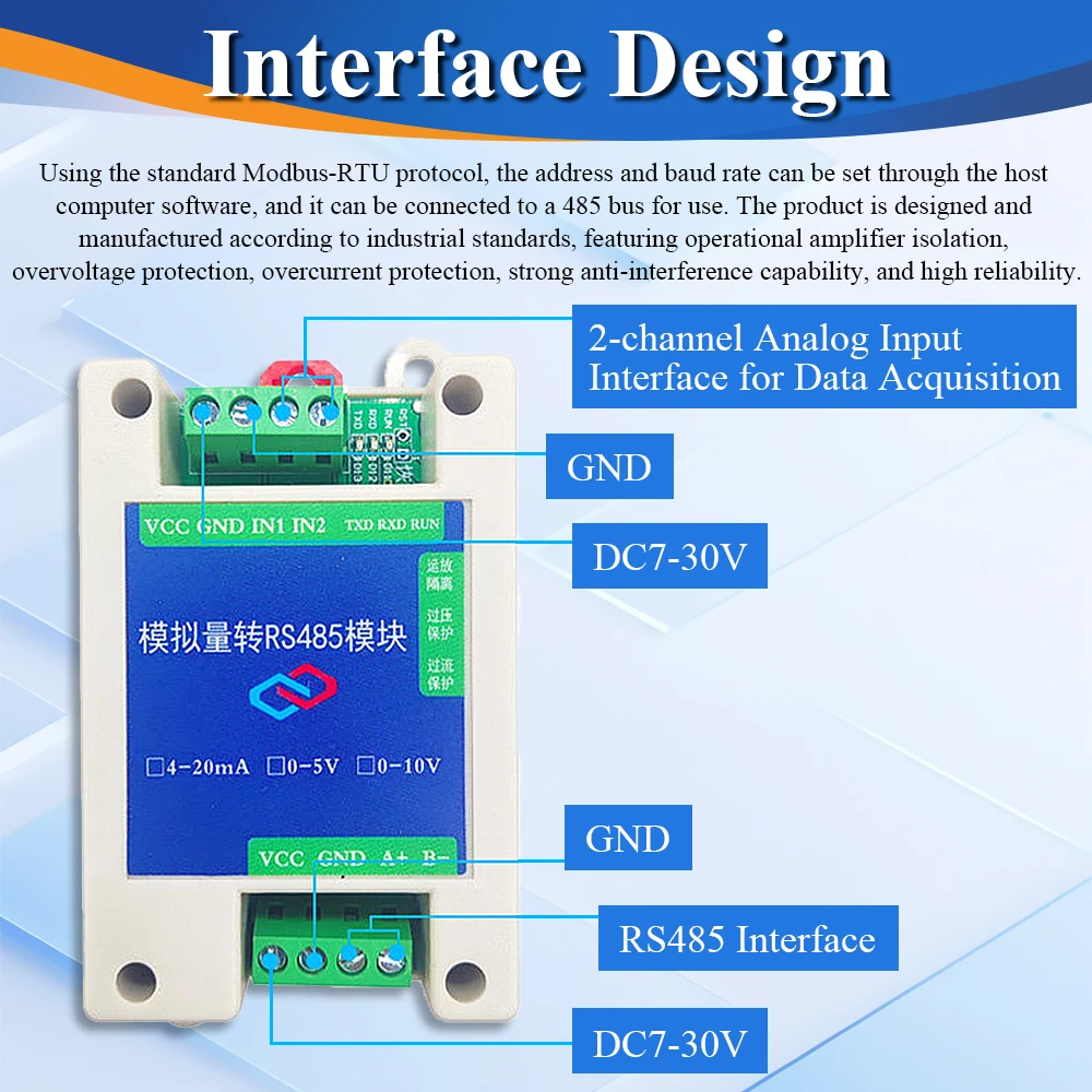 Moduł konwersji analogowy 4-20mA 0-5V 0-10V na RS485 Modbus RTU protokół 2 4 8 kanałowy cyfrowy moduł transformacji RS485 — zdjęcie 6