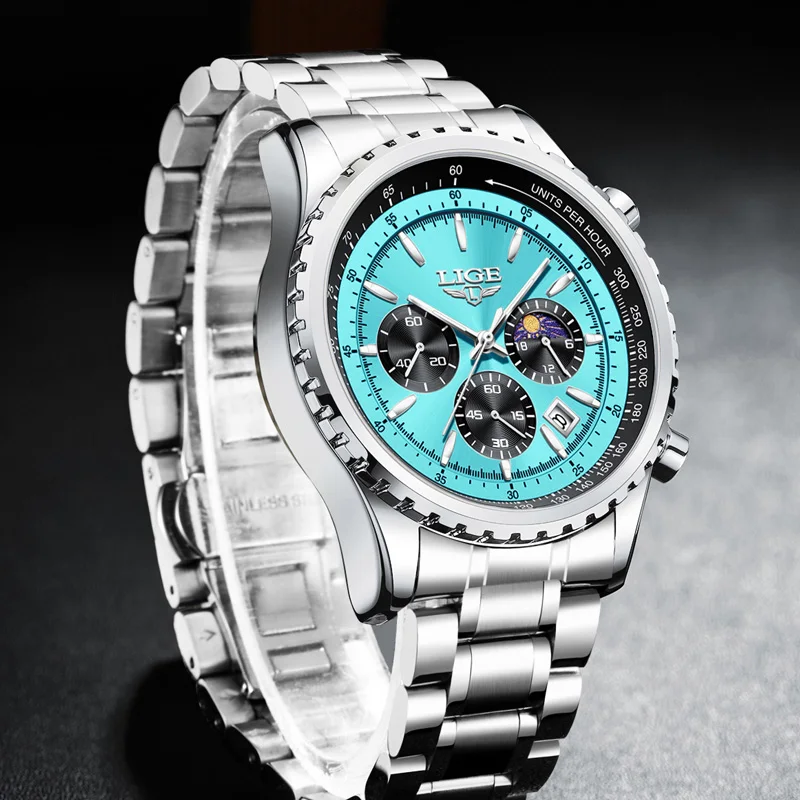 LIGE Top Brand Luxury Mens Watches Quartz Man Watch Waterproof Luminous Watch for Men Date Chronograph Sport Wristwatch+Gift Box