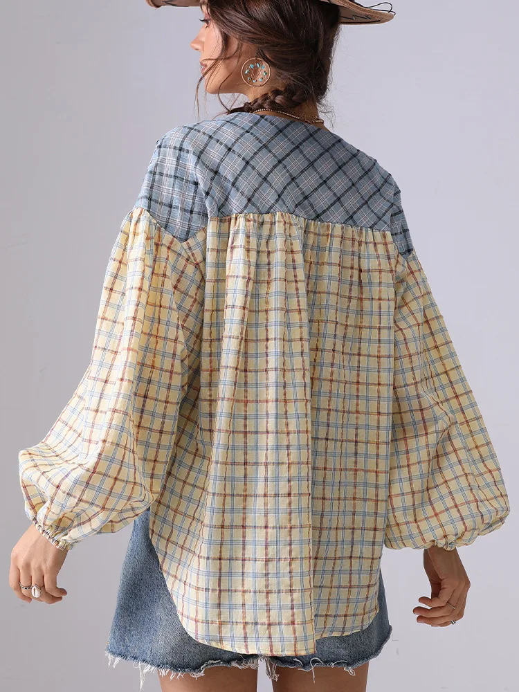 Retro Patchworkลายสก๊อตเสื้อผู้หญิงเสื้อ 2025 ฤดูใบไม้ผลิและฤดูร้อนVคอยาวแขนยาวหลวมสบายๆเสื้อTops