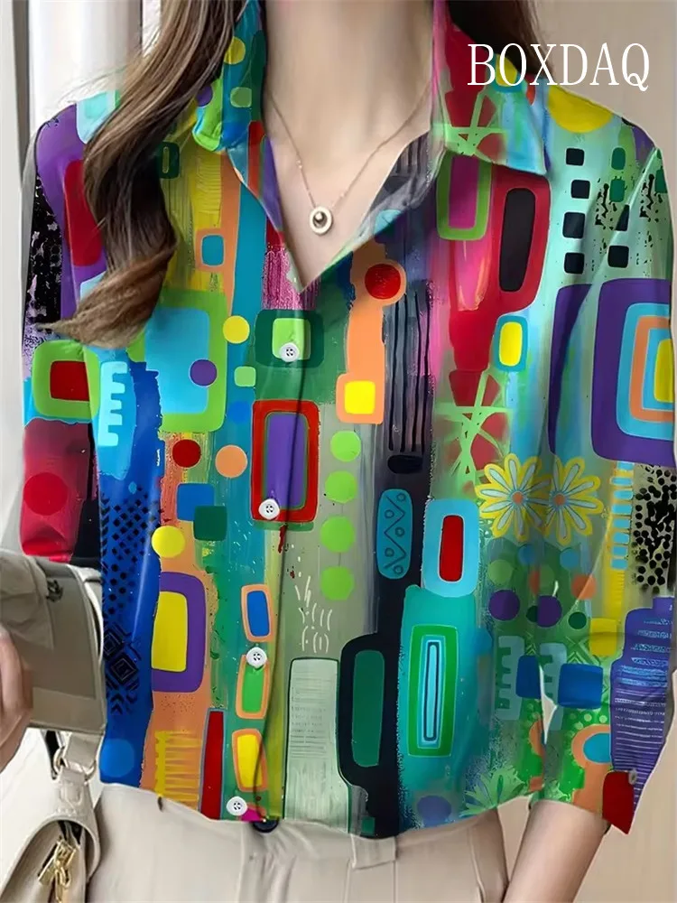 Frühling Herbst Damen Bluse Mode Damen bemalt abstrakte Gesichter Druck Knopf Shirts Spaß lässig Langarm lose Frauen Shirt