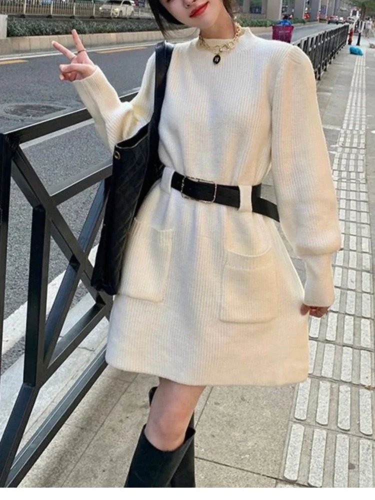 Autumn Winter Solid Color Round Collar Knitted Sweater Dress Women Fashion Vintage Knit Long Sleeve Mini Short Dresses with Belt