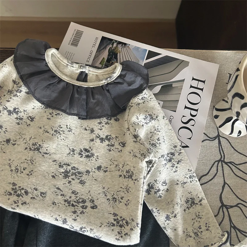 Spring Autumn Children Girls 2PCS Clothes Set Floral Ruffle Collar Cotton Tops Lace Casual Pants Suit Toddler Girls Outfits