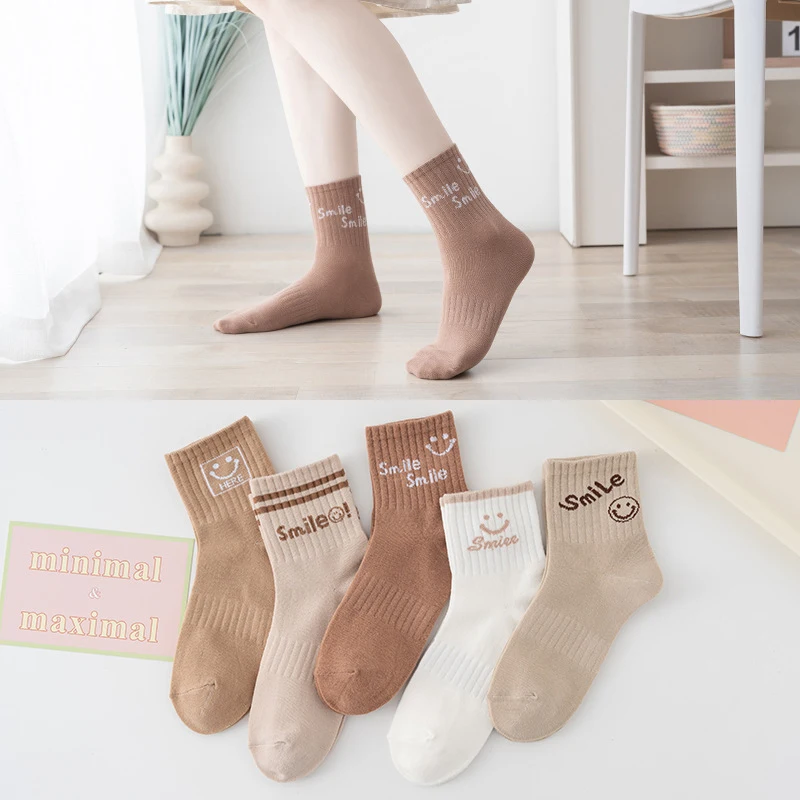 

5Pair/Set Double Needle White Socks For Women Ins Japanese Fashion Cute Smiling Middle Tube Socks Women College Student Socks