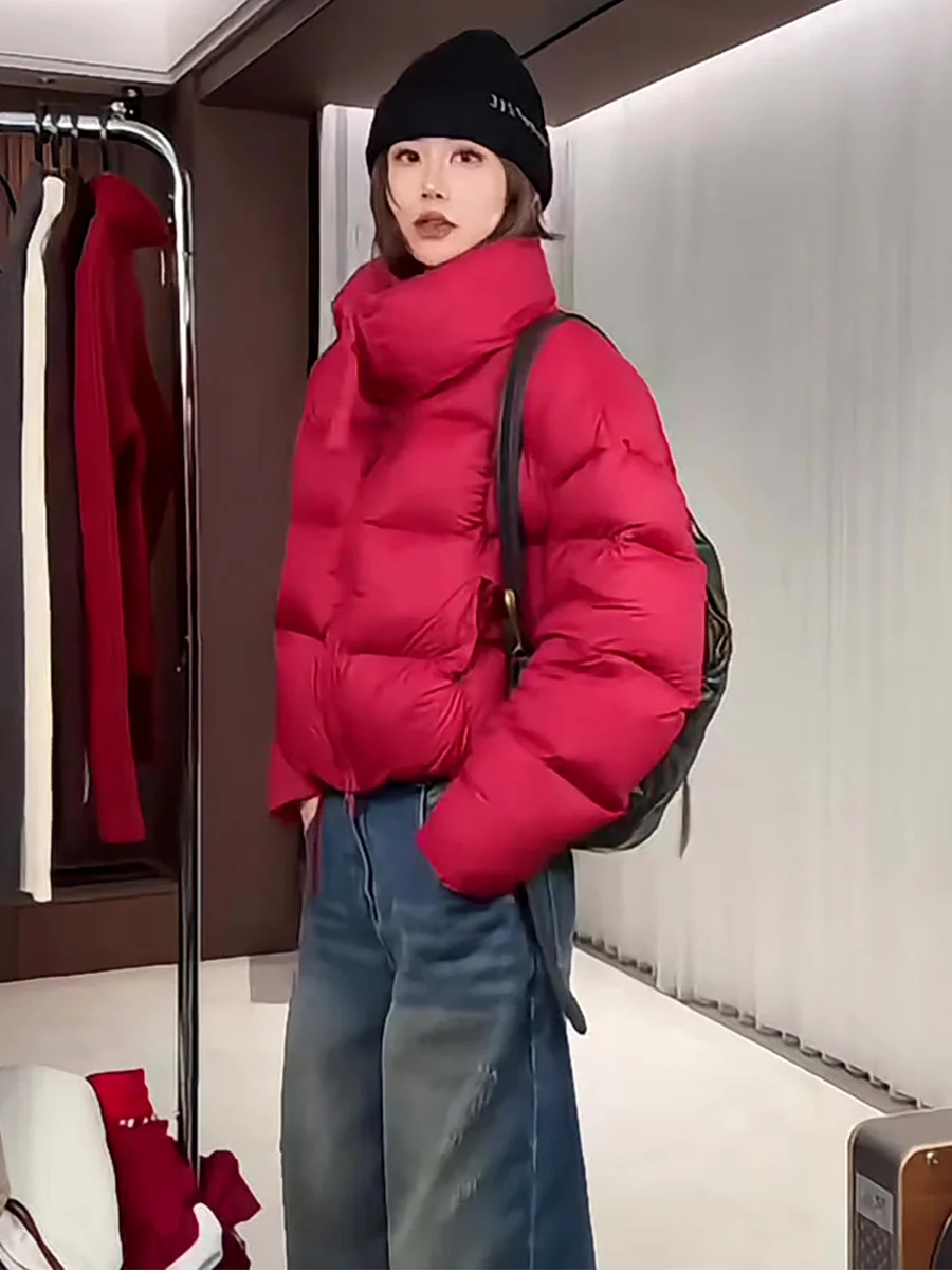 

Red Short Puff down Jacket Women Winter Small Size Stand Collar 90 White Duck Feather Loose Thick Warm Outerwear