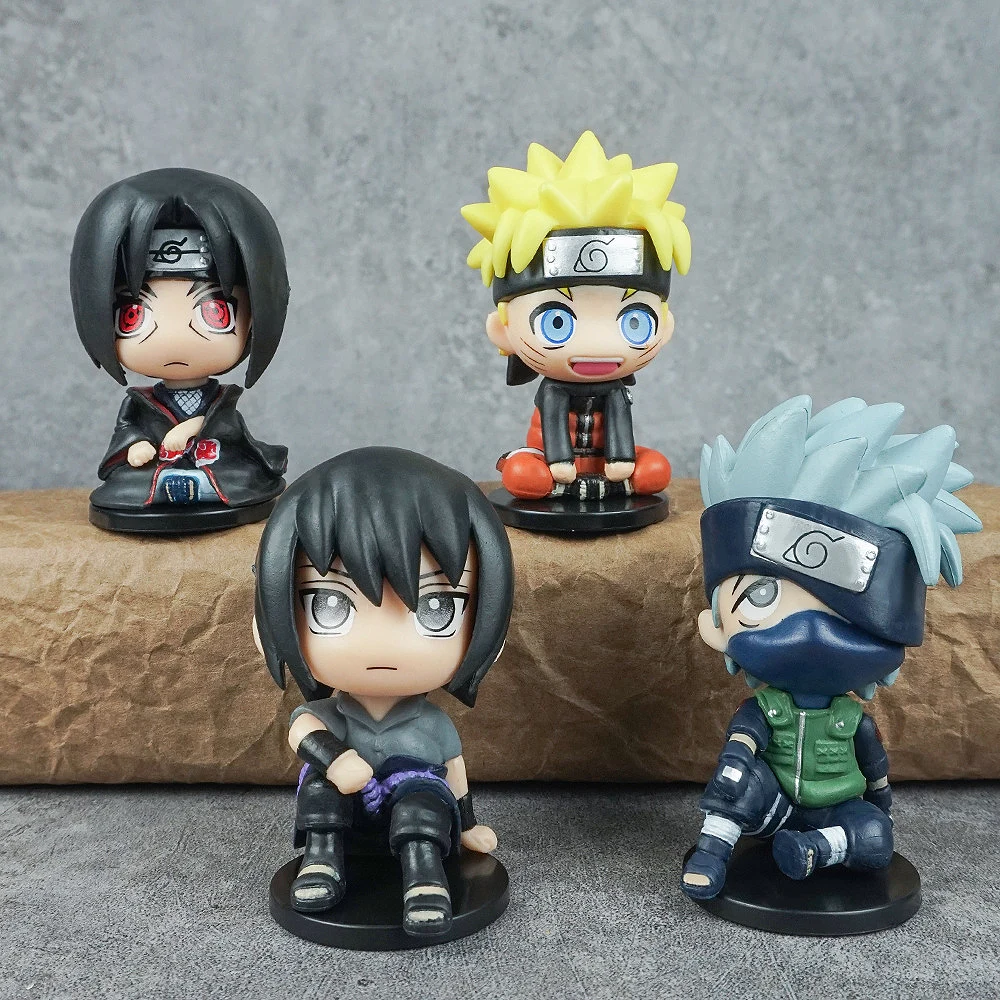 4Pcs Naruto figure Q version sitting Naruto Kakashi Sasuke ferret model ornament doll decoration animation peripheral figure