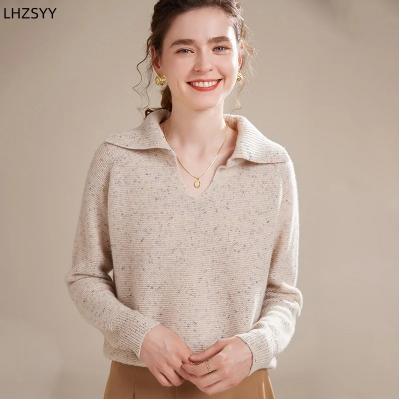 

LHZSYY Autumn New 100%Pure Goat Cashmere Sweater Ladies POLO Collar Loose Pullover Color Point High-end Jacket Thick Base Shirt