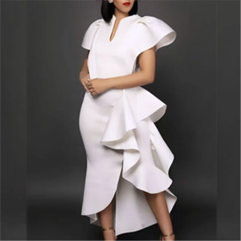 

Plus Size Ruffled Short Sleeves High Waist Slimming Irregular Hem Women'S White Dress