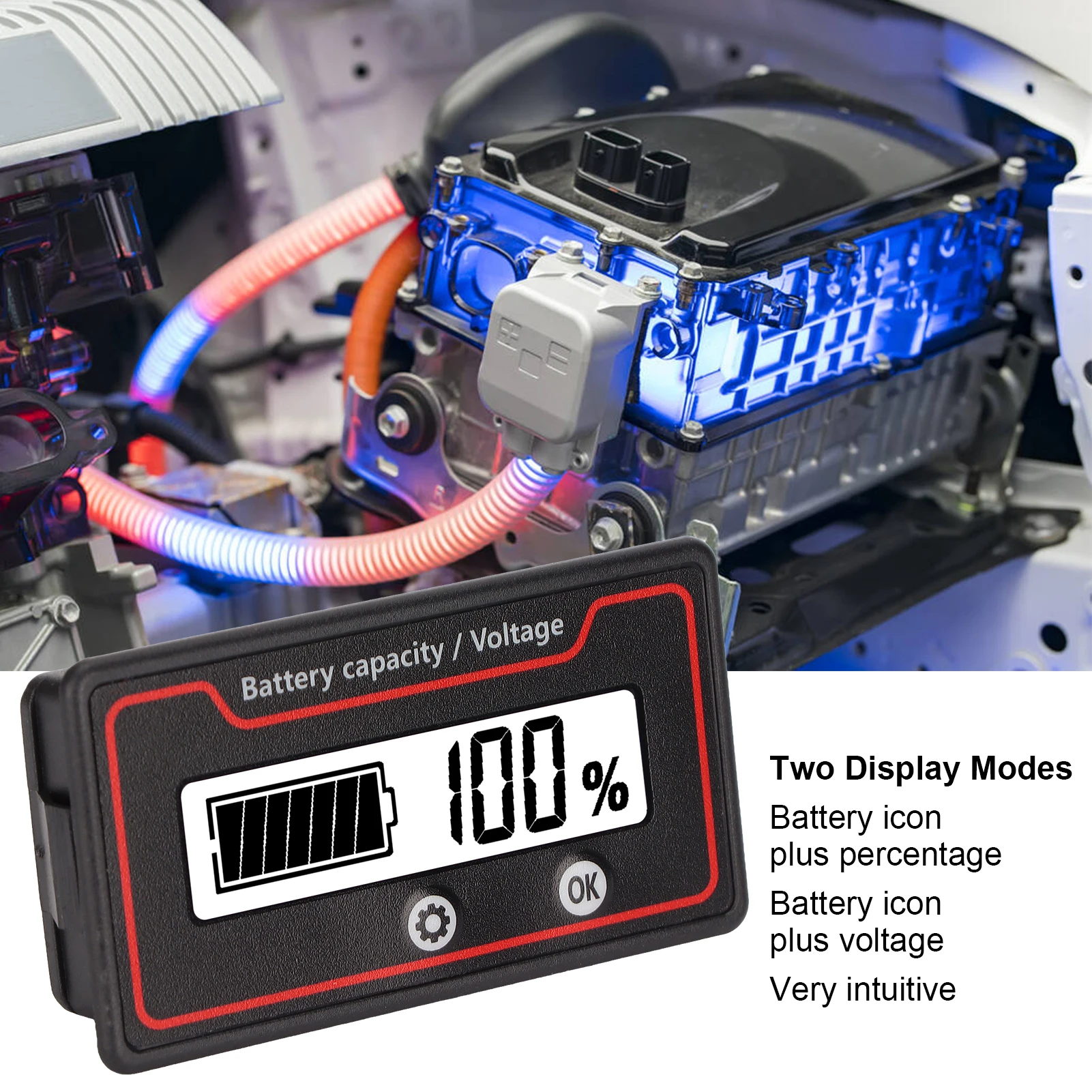 

Battery Capacity Monitor Battery Meter Light Alarm LCD Display Safe Battery Capacity Voltage Gauge for Electric Vehicle 12‑84V