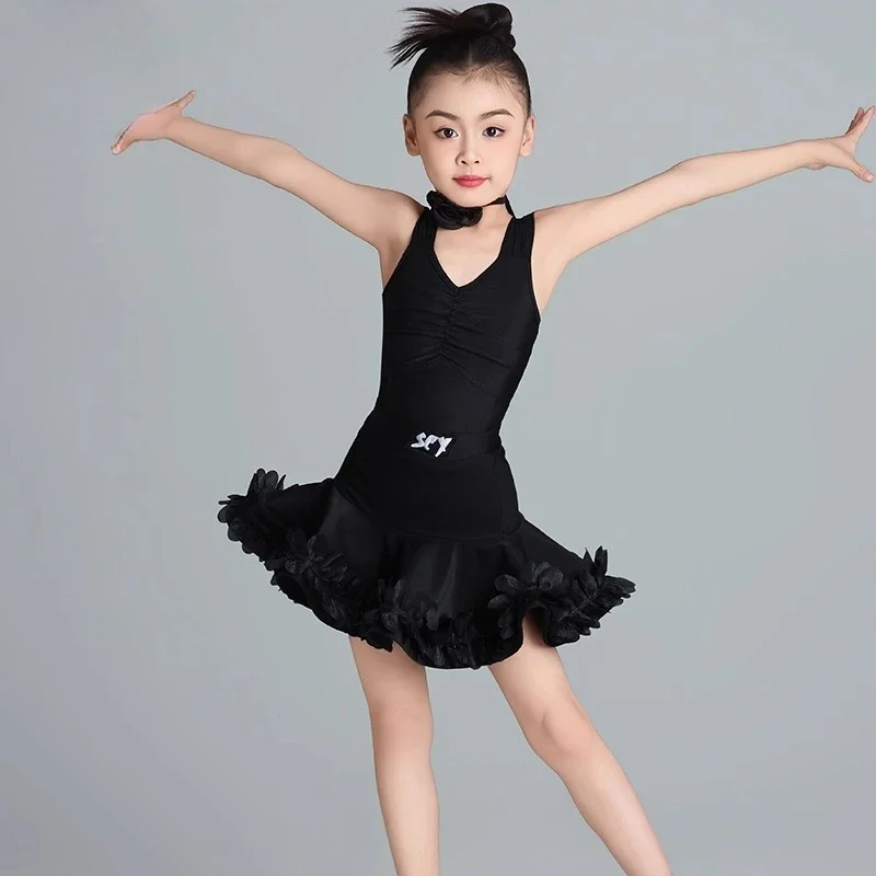 Costume de danse latine pour enfants, cha-cha, pour filles, jupe licou d'été, ensemble élégant de performance noir, nouvelle collection 2025