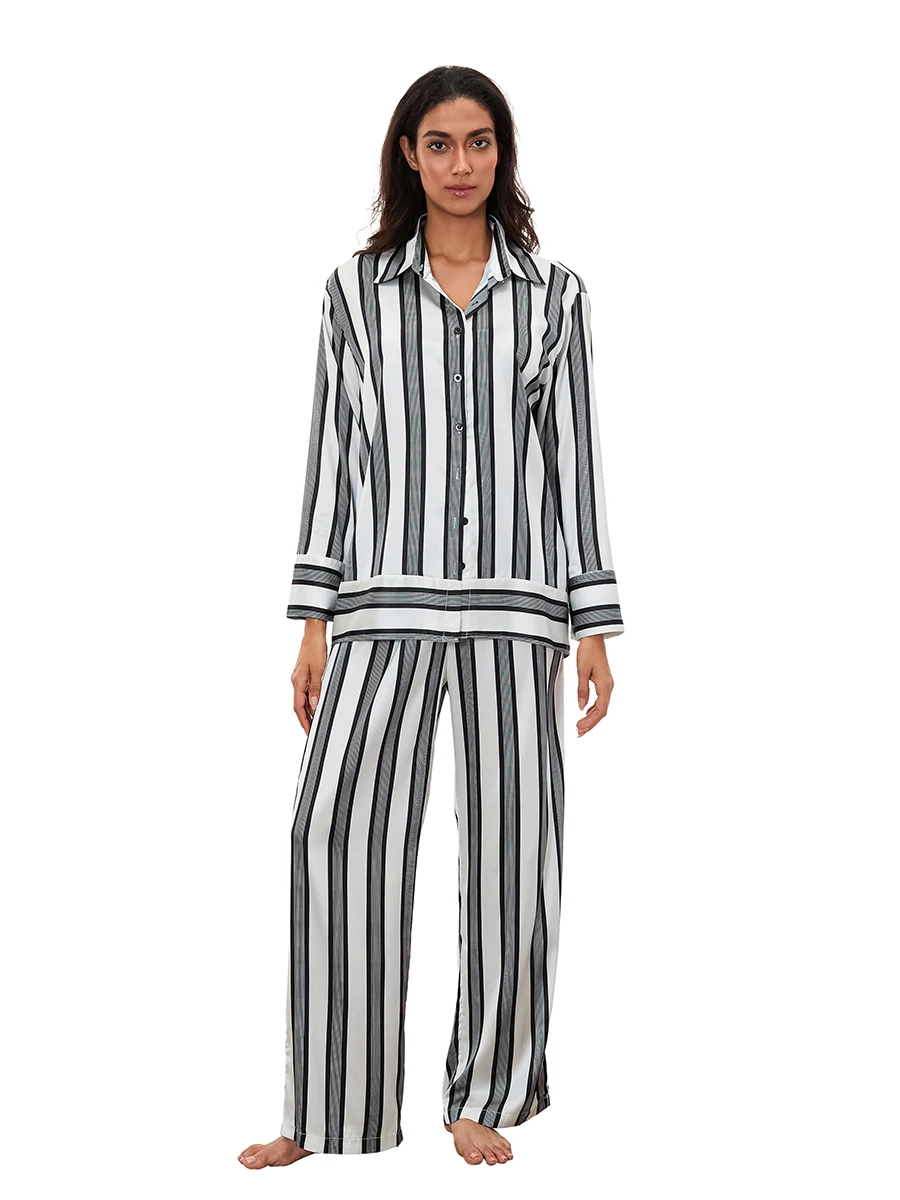 

Women s Stripe Print Loungewear Set Long Sleeve Lapel Button Down Tops with Elastic Waist Long Pants Fall Satin Sleepwear