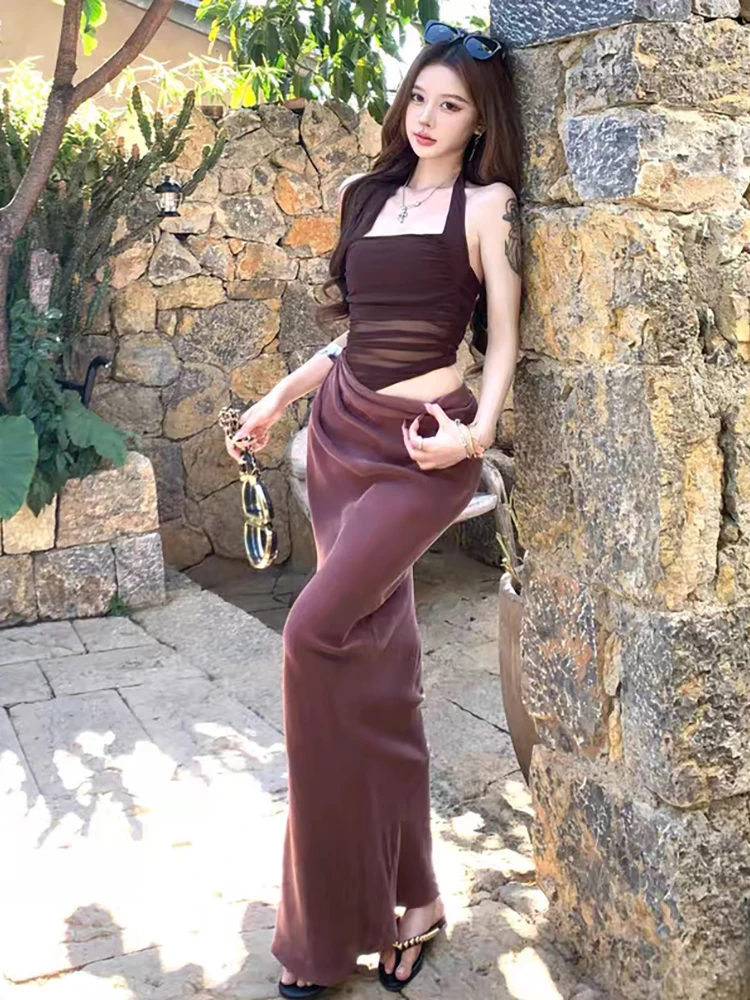 RORORIRI Sexy Mesh Stitch Cut-out Halter Long Dress Women Off-shoulder Backless Pleated Slim Bodycon Dress Retro Holiday Clothes