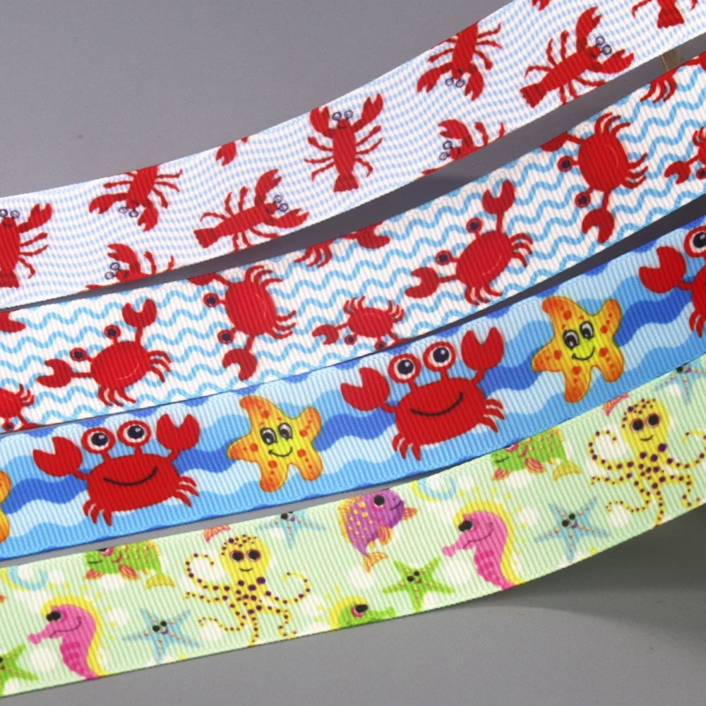 DUWES 50yards Crab Lobster Sea Animal Printed Grosgrain Ribbon Accessories Material Decoration Collar DIY Sewing Craft D2389