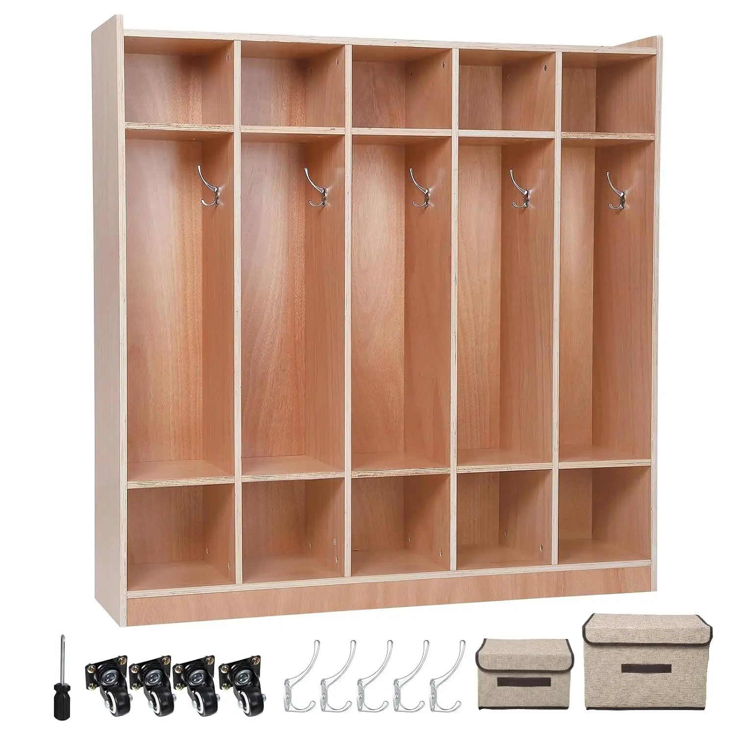 5-Section Classroom Coat Locker with 10 Cubbies, Wheeled Daycare Cubbies with 5 Hooks & 2 Storage Boxes, Customized