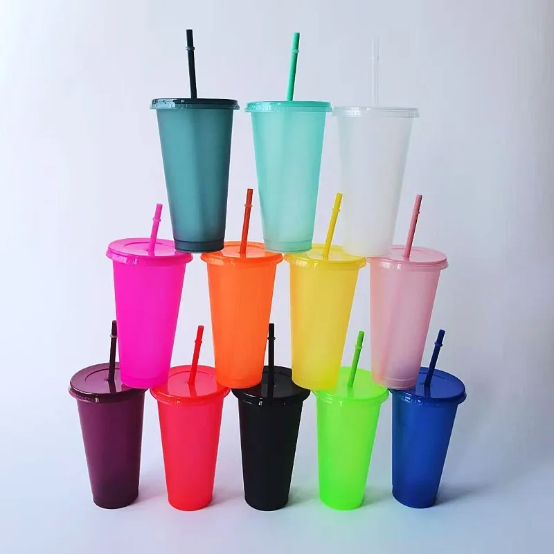 

5pcs 710ml Assorted Solid Color Reusable 24oz Plastic Cold Cup Coloured Cup Colored Straw Cup Glasses with Straw and Lid