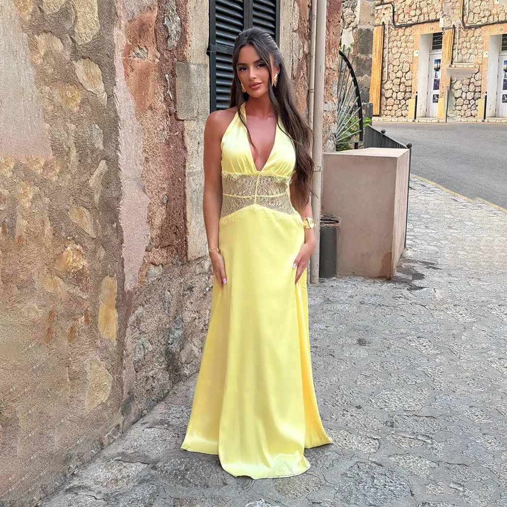 2025 Summer Elegant Deep Soft Satin Party Dress Halter V Neck Hollow Out Lace Patchwork Backless Sexy Lady Club Dresses