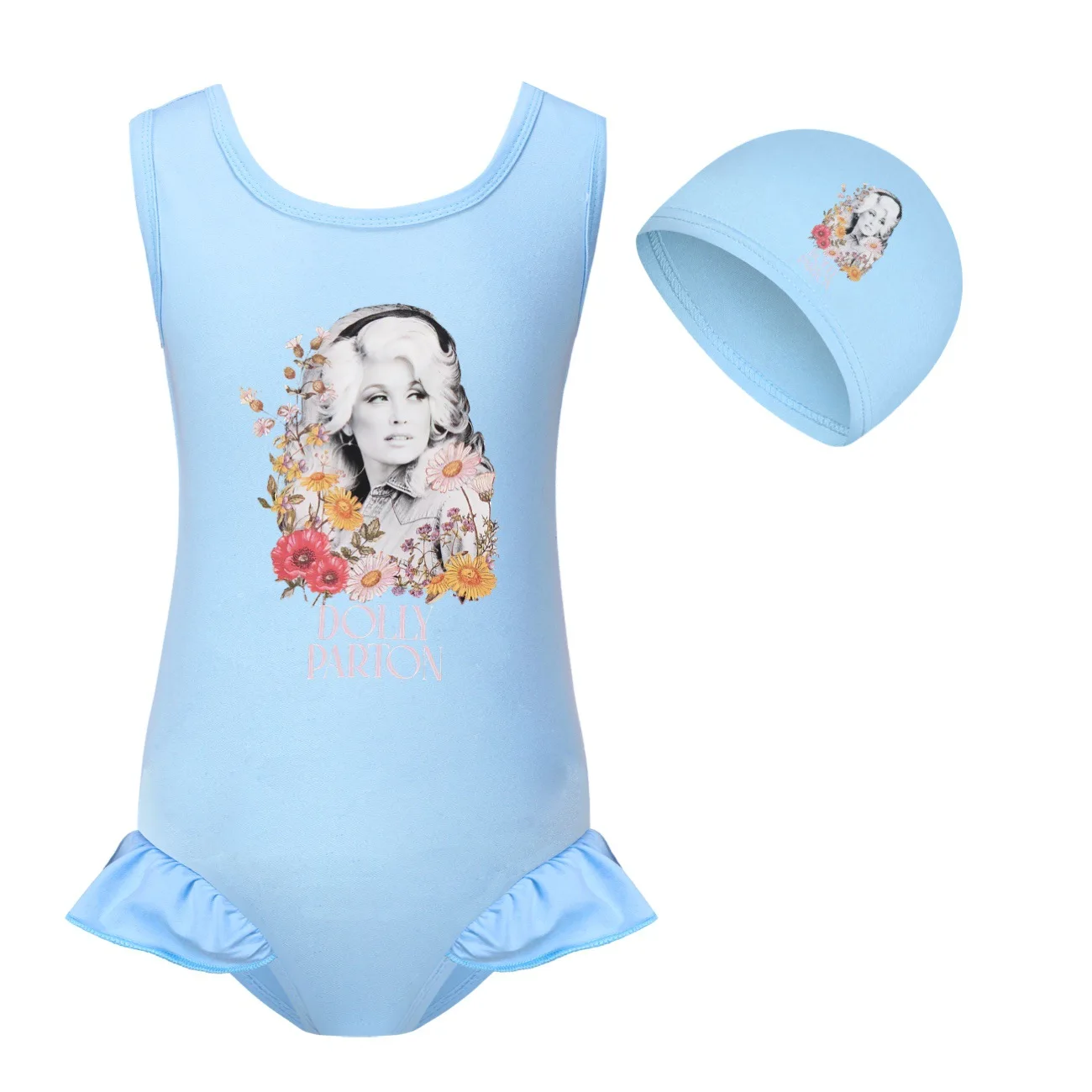 Country Music Dolly Parton Swimwear Kids Backless One-Piece Swimsuit + Cap 2-14 Years Old Girls Summer Beach Vacation Outfits