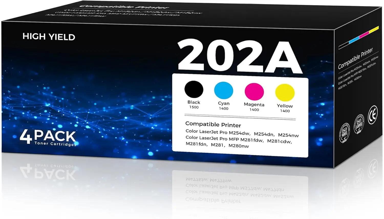 Toner Cartridges 4-Pack (Black, Cyan, Magenta, Yellow) with Chip - Replacement for M281cdw, M281fdw, M281fdn, M280nw, M254dw, M254dn, M254nw Printers (202A/202X Series)