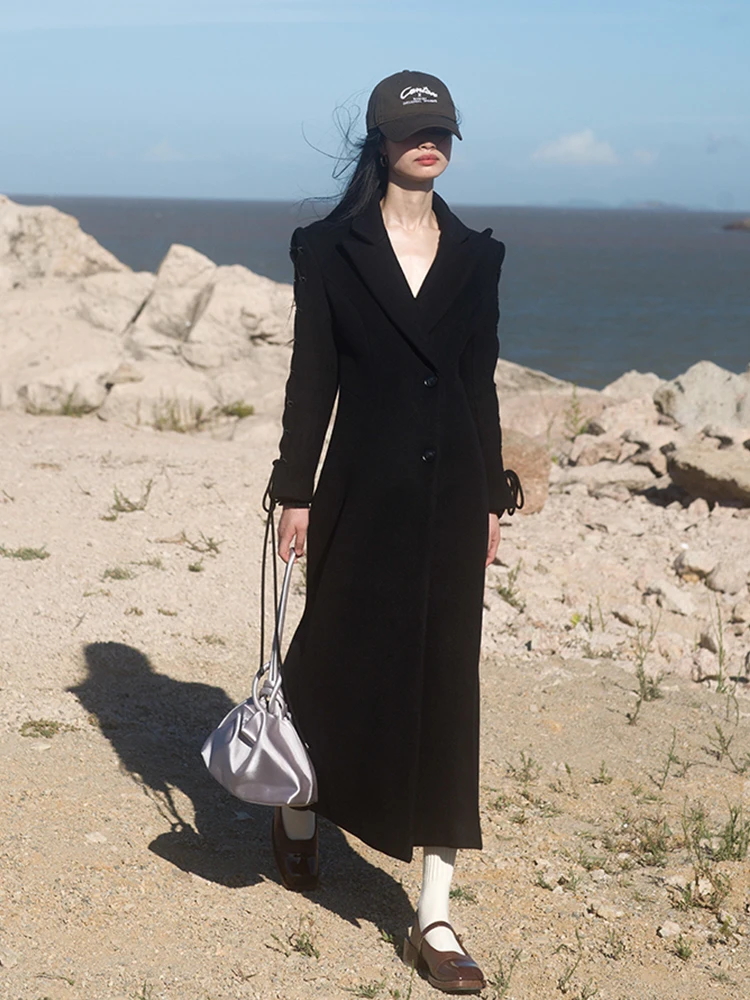 

Lumbinibi Double-Faced Woolen Coat Ele Bla Slim Fit Medium-Length Australian Wool Outerwear for Women Commute Sle