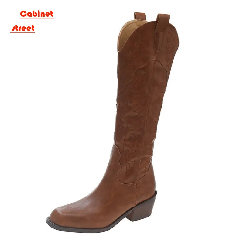 

Vintage Square Head Thick Heel Western Cowboy Women Boots Women's V-cut Embroidered Knight 2024 Thigh-high Winter Shoes Female