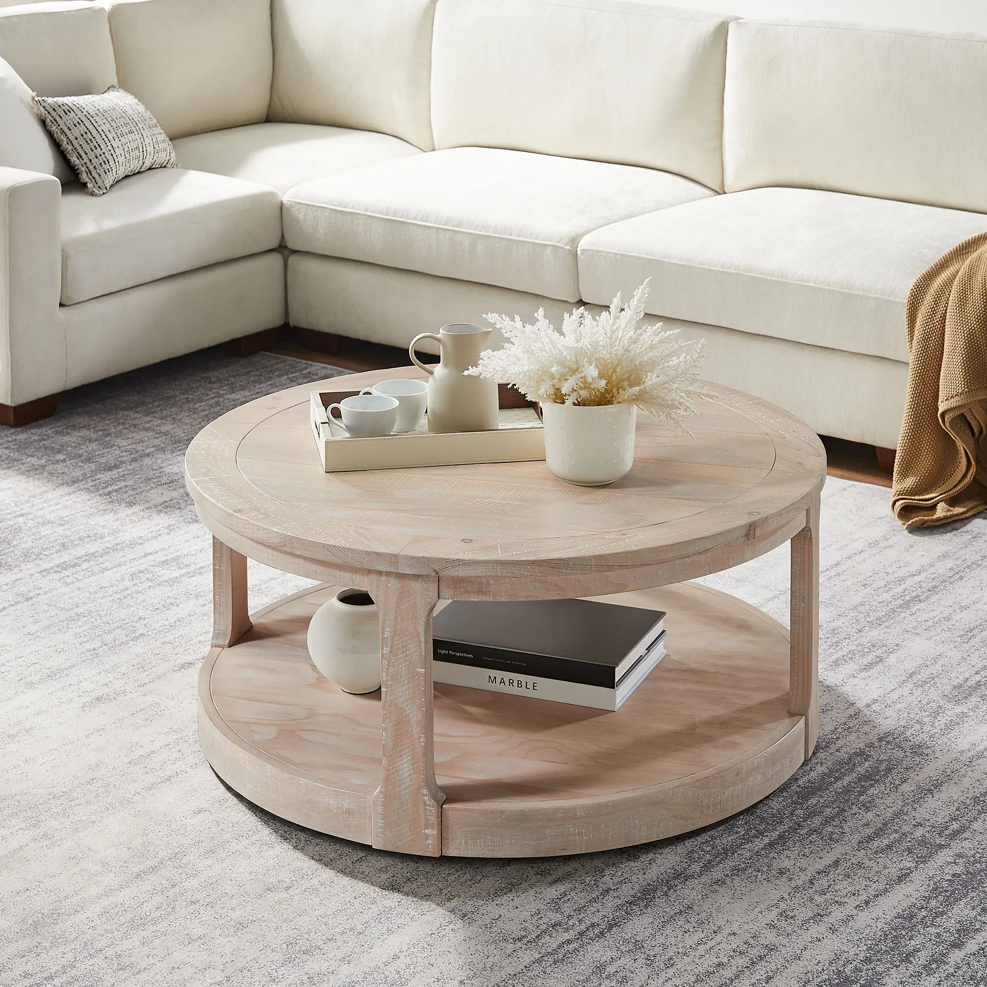 40inch Large Curved 2-Tier Traditional Circle Solid Wood Eco-Friendly Modern Coffee Table Rounded Wheels for Living Room Office
