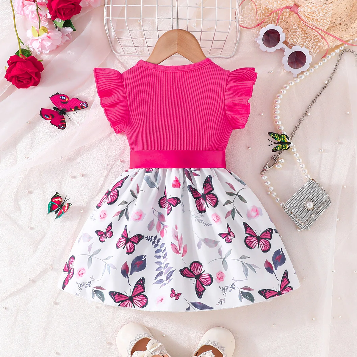 Dress For Kids 6-36 Months Cotton Ruffle Sleeve Cute Butterfly Floral Summer Princess Formal Dresses Ootd For Newborn Baby Girl