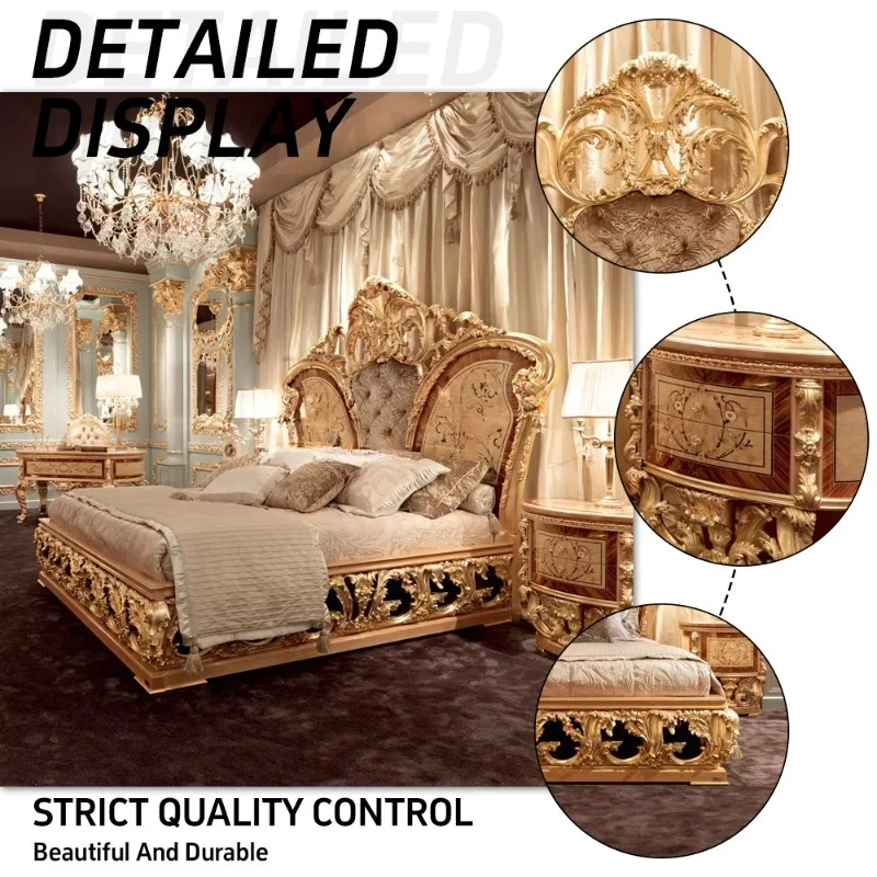 European Classical Luxury 24K Gold Color Bedroom Set Rococo Palace Royal Golden Solid Wood Hand Carving Bed King Size