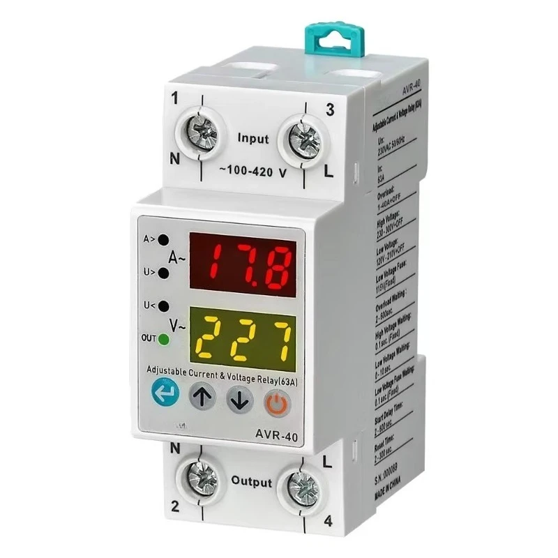 AVR‑40A DIN‑Rail Dual‑Display Protection Relay Adjustable Voltage Over‑Current AC Circuit Protector