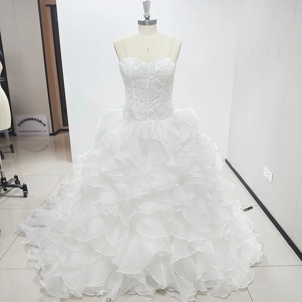 

Elegant Bridal Wedding Dresses Formal Lace Spaghetti Strap Pleat Fluffy Organza Ball Gowns Luxury Gorgeous Princess Dress