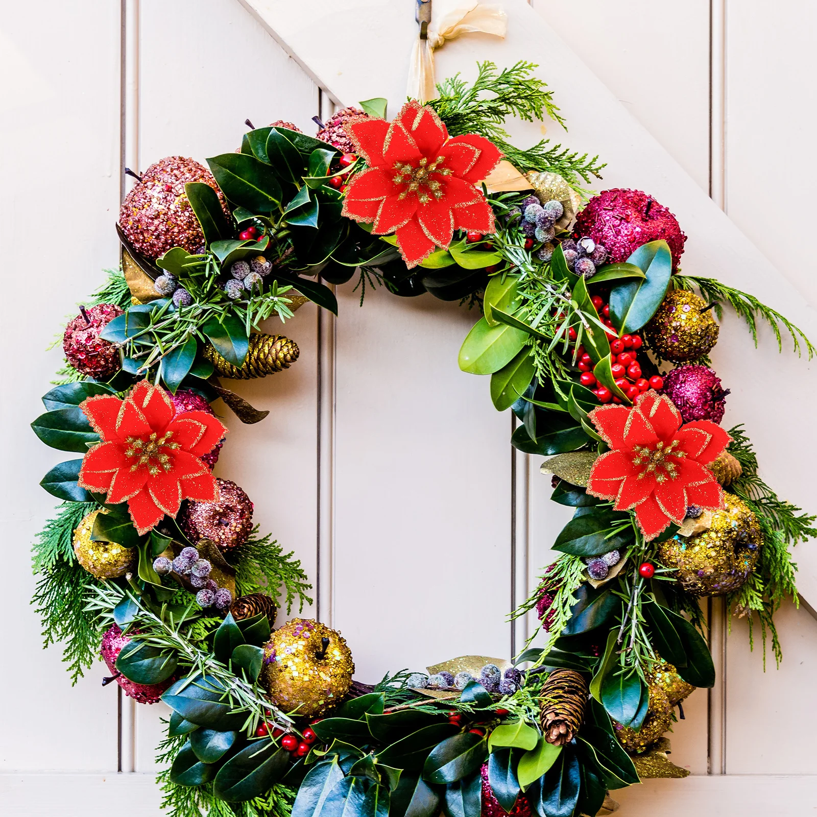 

24Pcs Christmas Simulation Flower with Sparkle Powder Lifelike Festive Decor for Living Room Mall Tree Scene Layout Accessory