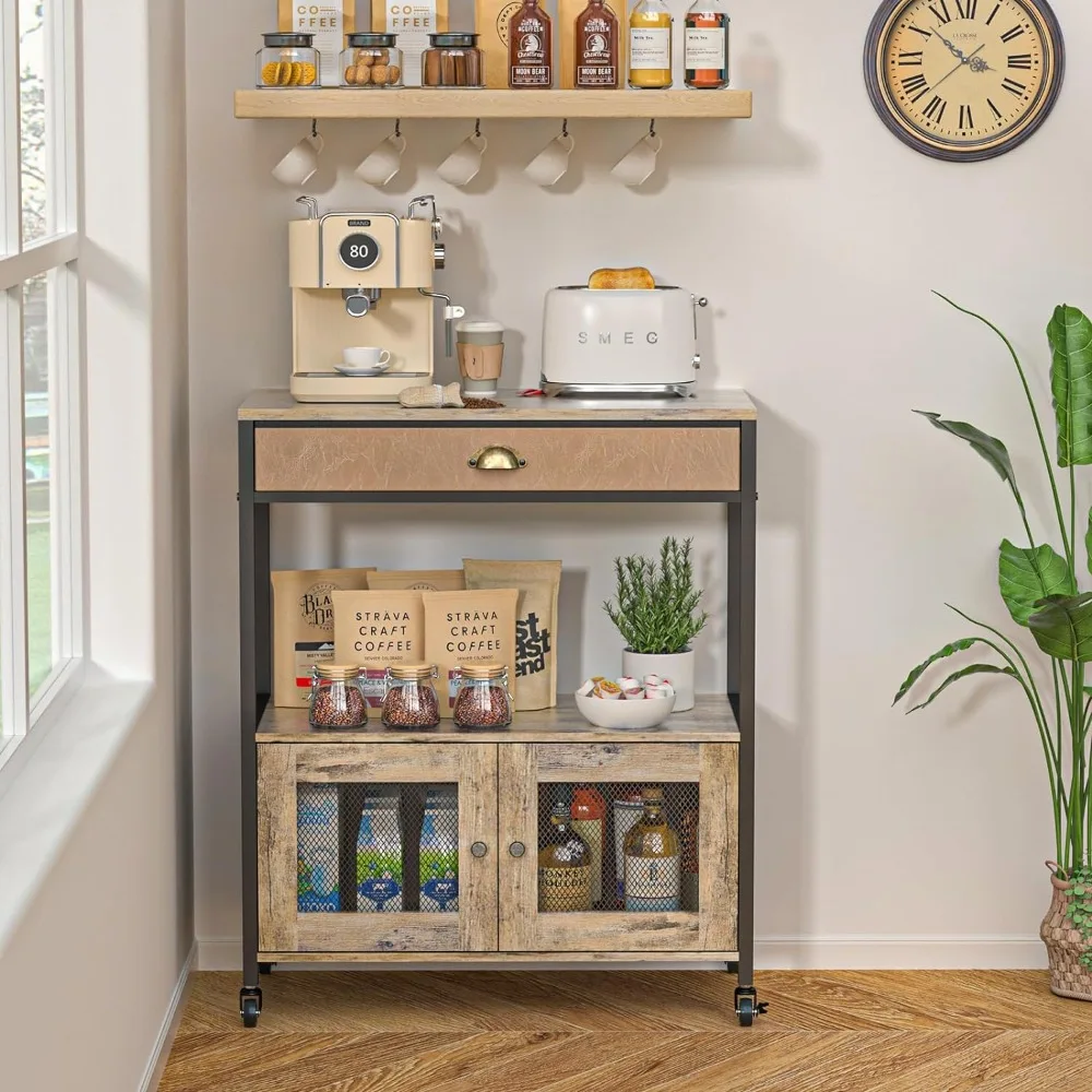 Large Bar Cabinet 3 Tiers Kitchen Cart with Drawer ,Movable Farmhouse Station Table on Wheels for Entryway, Dining Room